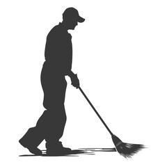 Silhouette janitor sweeps the floor black color only full body