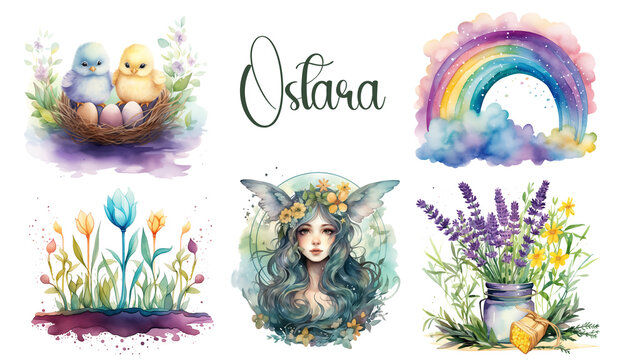 Green and purple Set of Ostara Wiccan watercolor illustrations. Spring Equinox pagan PNG bundle with Eostre goddess, rainbow, chicks and flowers.