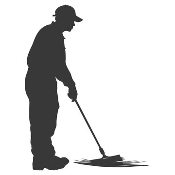recommend clip art: Silhouette janitor sweeps the floor black color only full body