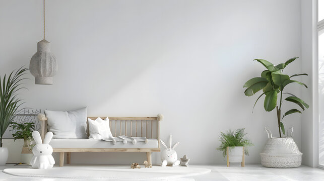 Fototapeta A clean, bright corner decorated in a Scandinavian style with a wooden bench, plants, and children's toys creating a peaceful space