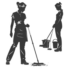 Silhouette janitor women in action black color only full body