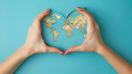 Hands holding a heart shaped world map in front of blue background
