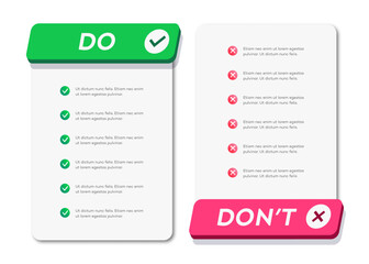 Do and Dont infographic templates frame one in green with checkmarks and one in pink with crosses