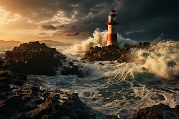 a lighthouse on a rocky island in the middle of the ocean surrounded by waves - Powered by Adobe