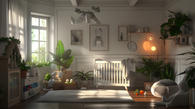A cozy nursery room with a crib, playful decorations, plants, and warm evening lighting creates a comforting ambiance