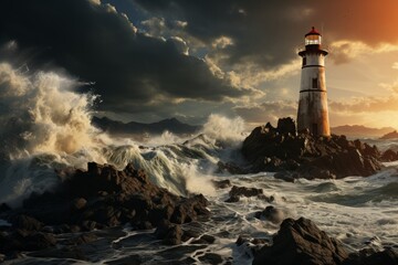 Fototapeta na wymiar Lighthouse tower on rocky island with waves, under cloudy sky