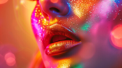 Fashion model woman face in bright sparkles, colorful neon lights, beautiful girl lips. Trendy glowing gold skin make