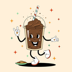 Comic flat Milkshake with face on decorated background. Vector cartoon illustration in groovy retro style with drink and straw. Vintage chocolate milk shake character with smile for banner or poster