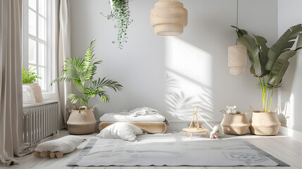 A spacious nursery with ample sunlight, soft tones, and minimal decor, creating a soothing and airy atmosphere