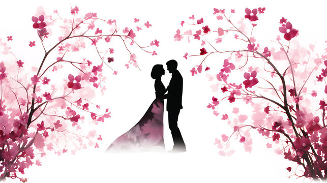 Springtime Wedding -  silhouette of a couple, in love, amidst the backdrop of blossoming cherry blossoms. The branches arch, creating a natural frame that encapsulates this tender moment