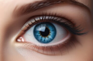 Beautiful blue eye of a young woman close-up. Healthy vision concept