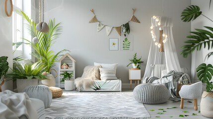 A bright and airy child's room with bohemian décor, including a teepee, various plants, and a comfortable reading nook
