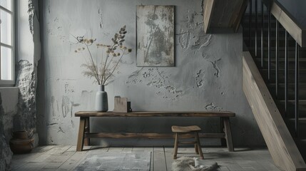 Scandinavian style of wooden bench, grey wall and staircase interior design. AI generated image