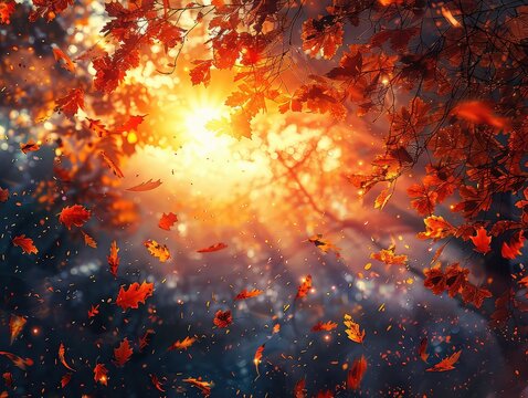 Autumnal Sunset - Changing Seasons - Blend of Sunset and Falling Leaves - Blend images of a sunset and falling autumn leaves to represent the changing seasons and the metaphor of love as autumn leaves