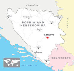 Bosnia and Herzegovina Political Map with capital Sarajevo, most important cities and national borders