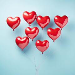 Red heart shaped balloons on blue pastel background