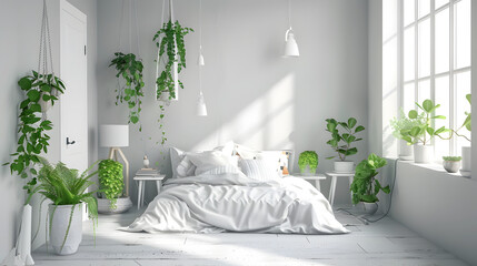 Cozy bedroom interior with white bedding, large window, sunlight, and an abundance of lush greenery bringing nature indoors