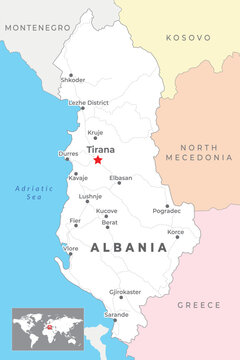 Albania Map with capital Tirana, most important cities and national borders