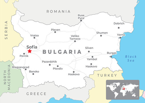 Bulgaria Political Map with the capital Sofia, most important cities and national borders