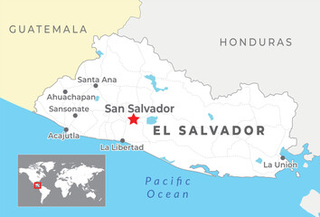 El Salvador Political Map with capital San Salvador, most important cities and national borders