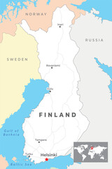 Finland Political Map with capital Helsinki, most important cities and national borders