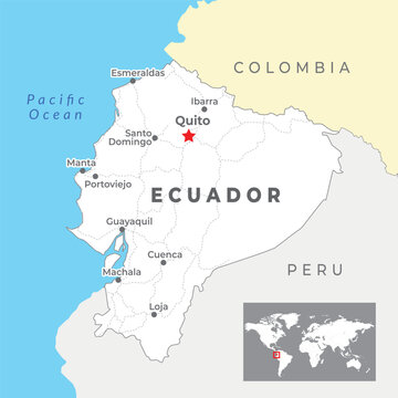 Ecuador map with capital Quito, most important cities and national borders