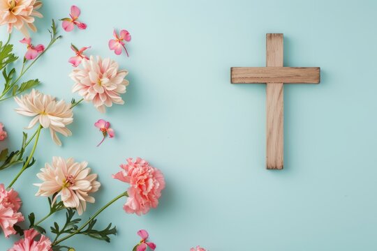 Photo of a wooden cross and flowers on a light blue background, representing Christian symbols for Easter Generative AI