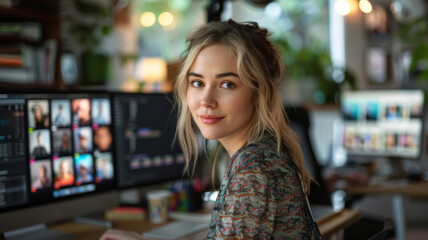 Portrait of a Content creator at her home work station. video social podcast digital media vlog.