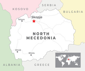 North Macedonia political map with capital Skopje, most important cities and national borders - obrazy, fototapety, plakaty