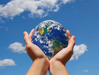 A person is holding a globe in their hands. The globe is surrounded by a blue sky, and the person's hands are spread wide, as if they are embracing the globe