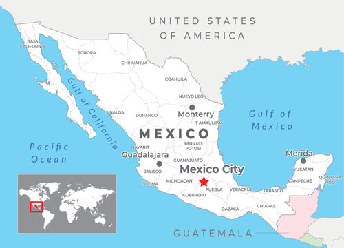Mexico Political Map with capital Mexico City, most important cities and national borders