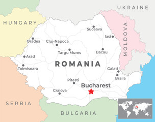 Romania map with capital Bucharest, most important cities and national borders