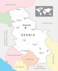 Serbia political map with capital Belgrade, most important cities and national borders