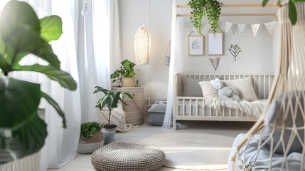 Inviting and warm nursery with wooden crib and decorations, embodying a tranquil and serene environment for a baby - obrazy, fototapety, plakaty