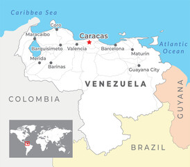 Venezuela map with capital Caracas, most important cities and national borders - obrazy, fototapety, plakaty