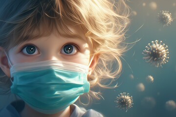 Child wearing a mask on macro virus picture background - obrazy, fototapety, plakaty