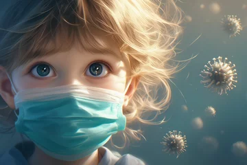 Fotobehang Child wearing a mask on macro virus picture background © kenkuza