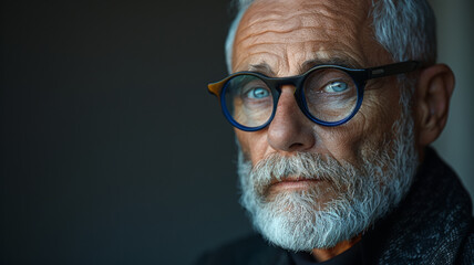 Pensive senior man with stylish glasses and a full beard.