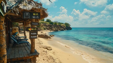 A beachside resort where "Wi-Fi Available" flags are placed at intervals along the beach, ensuring that guests can post their beach day pictures 