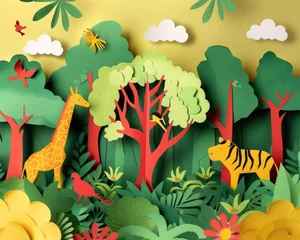 Wandaufkleber A paper cutout of a jungle scene with a giraffe, a tiger, and a bird © Mongkol