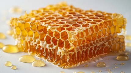 A bee honeycomb, laden with honey, is showcased on a white background, isolated to highlight its intricate beauty. 
