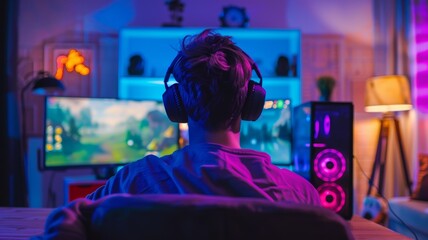 teenager player video games in his room with his back turned. Pc gaming computer