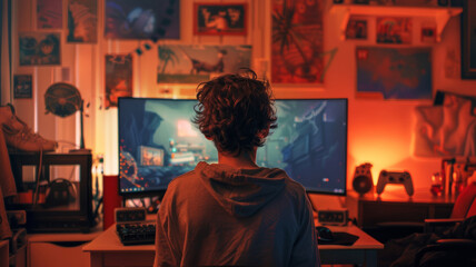 teenager player video games in his room with his back turned. Pc gaming computer