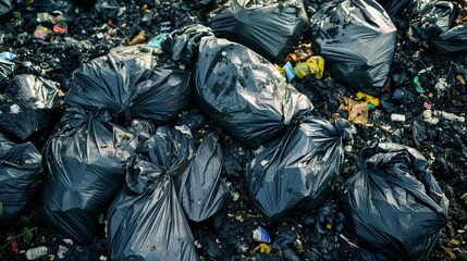 A vast garbage dump site overwhelmed with heaps of black plastic bags, illustrating the environmental issue of consumerism and the challenges of unsorted waste management.