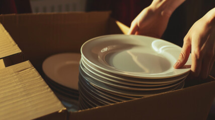 Hands carefully unpacking pristine white plates from a cardboard box.