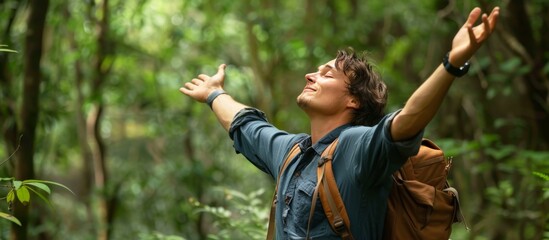 traveler or adventurer man breathing relaxed in the forest