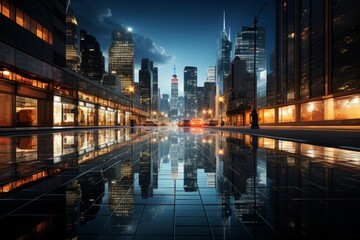 Fototapeta na wymiar City skyline mirrored in water, reflecting skyscrapers and tower blocks