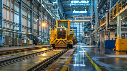 A bright yellow rail tug sits on shiny tracks within an expansive industrial railway facility, showcasing modern transportation logistics. - obrazy, fototapety, plakaty