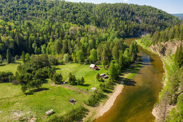 Southern Urals, Kultamak tourist base by the Zilim River. Aerial view.