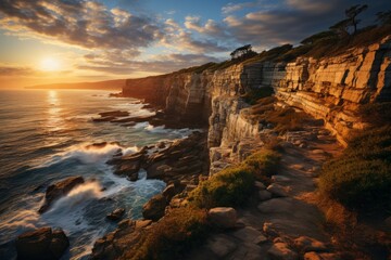 Cliff embraces ocean as sun sets, painting sky with stunning colors - obrazy, fototapety, plakaty